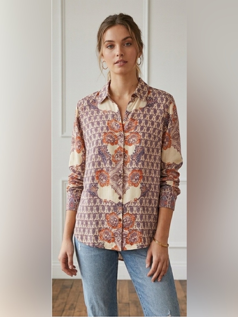 Anthropologie Raga Boho V Neck Long Sleeve Button Up Shirt Size Medium NWT